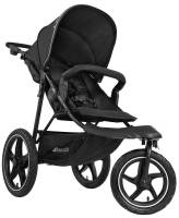 Svart aktivitetsvagn med tre stora hjul och sittdel med sufflett.