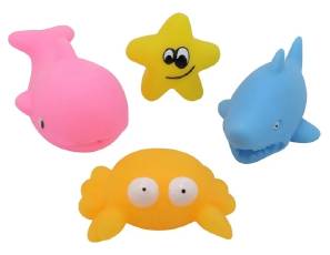 Flerpack badleksaker för nyfödd med fyra koralldjur i olika former som stjärna fisk och delfin