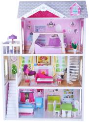 Trädockhus med öppen planlösning och möbler