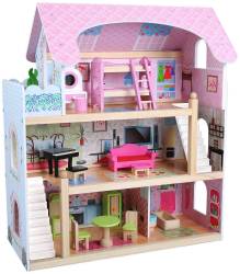 Rymligt dockhus med möblerad inredning i flera rum för 5-åringar