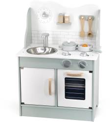 Kök i mintgrön och vitt. Utrustat med spisplattor, kran och en liten diskho. Nedtill finns en skåplucka och en ugn med lucka.