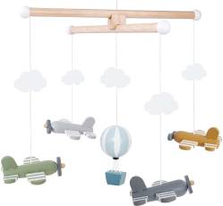 Flygplanssängmobil för nyfödd med flera små flygplan i mjuka färger.