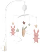 Kaninmobil för nyfödd med kanin, morot och stjärnor.