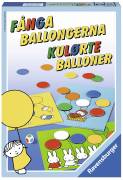 Brickor med olika tecknade motiv där alla har ballonger i olika färger. Blå kartong.
