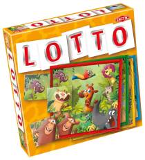 Orange giraffmönstrad kartong med djur från savannen i en djungelaktig miljö på framsidan.