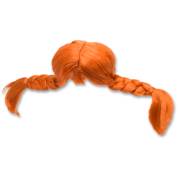 Bild på peruk med orangefärgat hår och en fläta på vardera sida som står rakt ut.